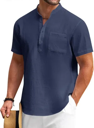 COOFANDY Men's Cotton Linen Henley Shirt Short Sleeve Hippie Casual Beach T-Shirts with Pocket