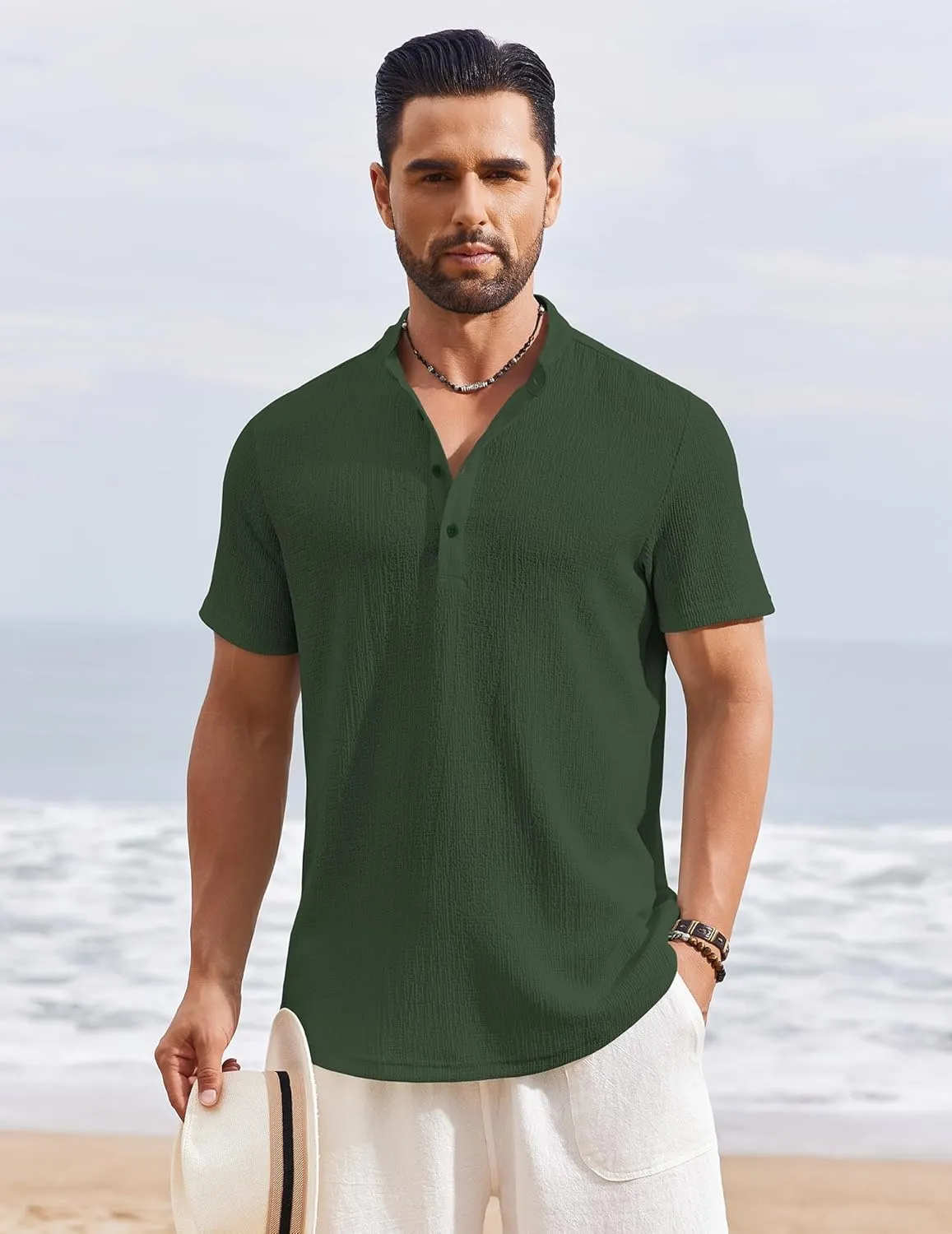 COOFANDY Men's Henley Shirt Short Sleeve Stand Collar Summer Casual Beach Hippie T-Shirts