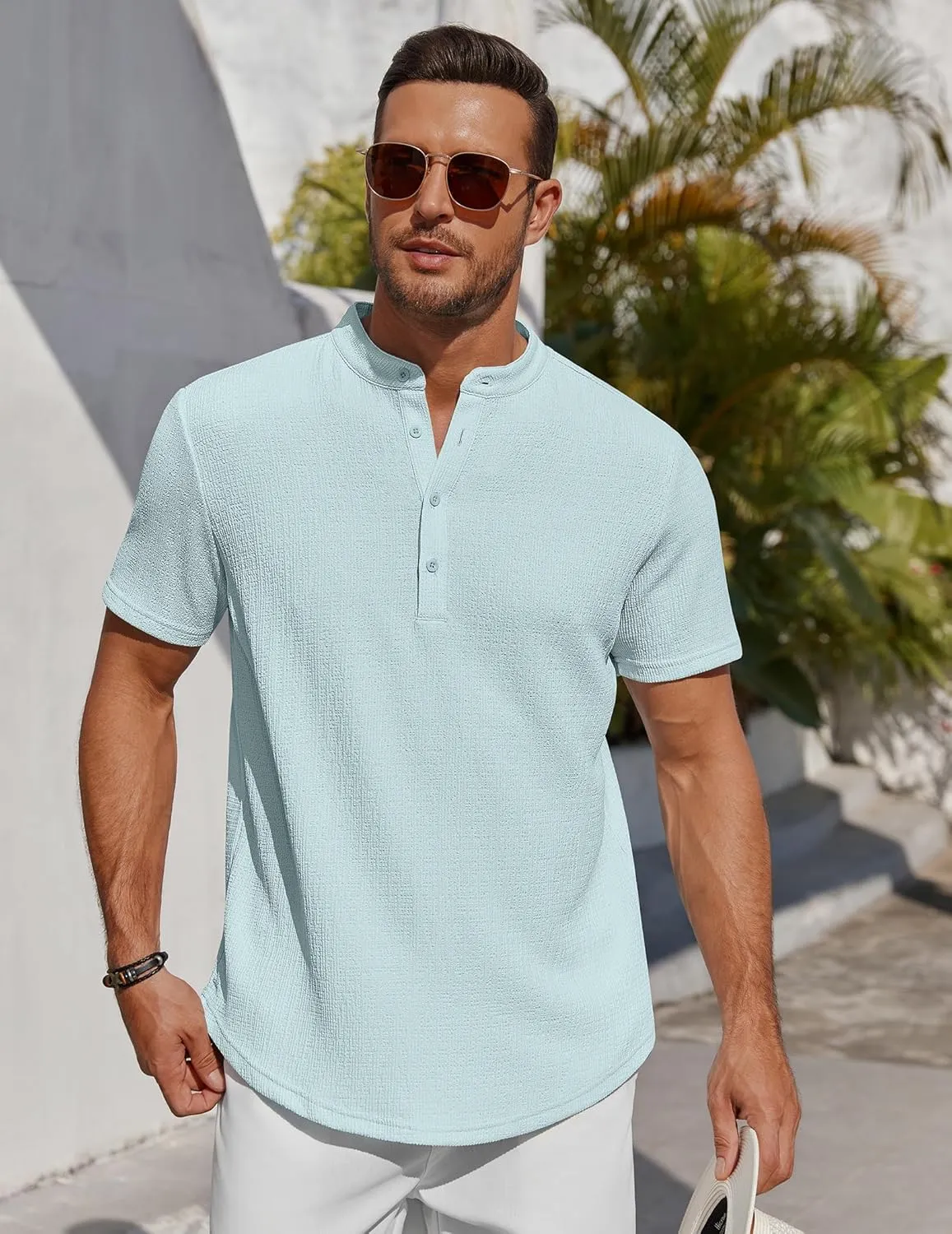 COOFANDY Men's Henley Shirt Short Sleeve Stand Collar Summer Casual Beach Hippie T-Shirts