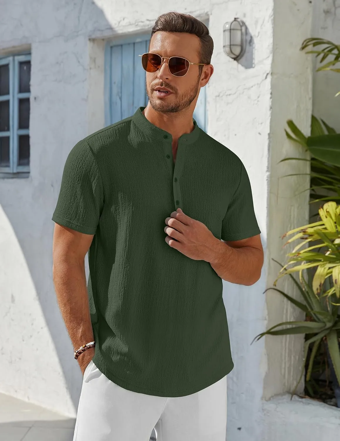 COOFANDY Men's Henley Shirt Short Sleeve Stand Collar Summer Casual Beach Hippie T-Shirts