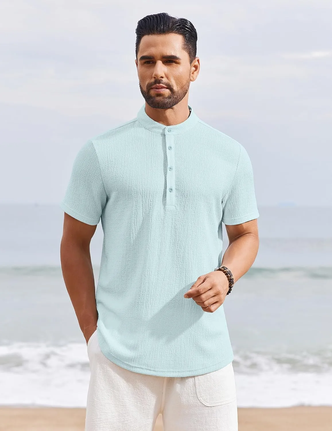 COOFANDY Men's Henley Shirt Short Sleeve Stand Collar Summer Casual Beach Hippie T-Shirts