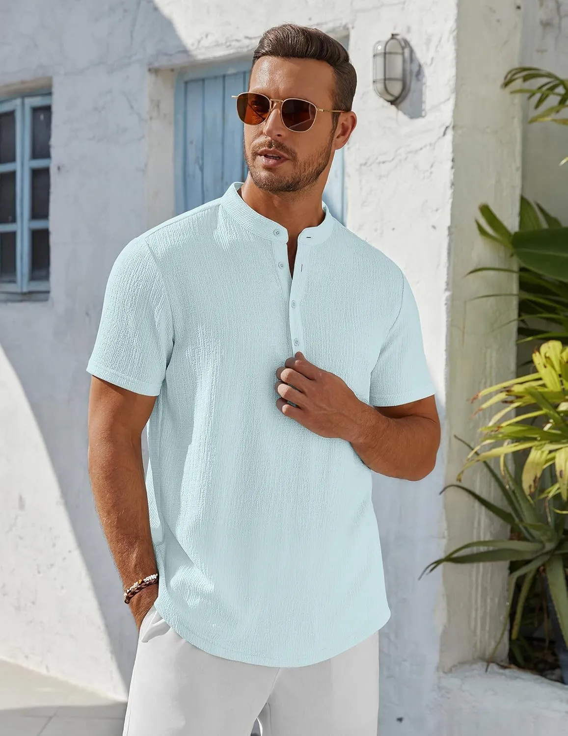 COOFANDY Men's Henley Shirt Short Sleeve Stand Collar Summer Casual Beach Hippie T-Shirts