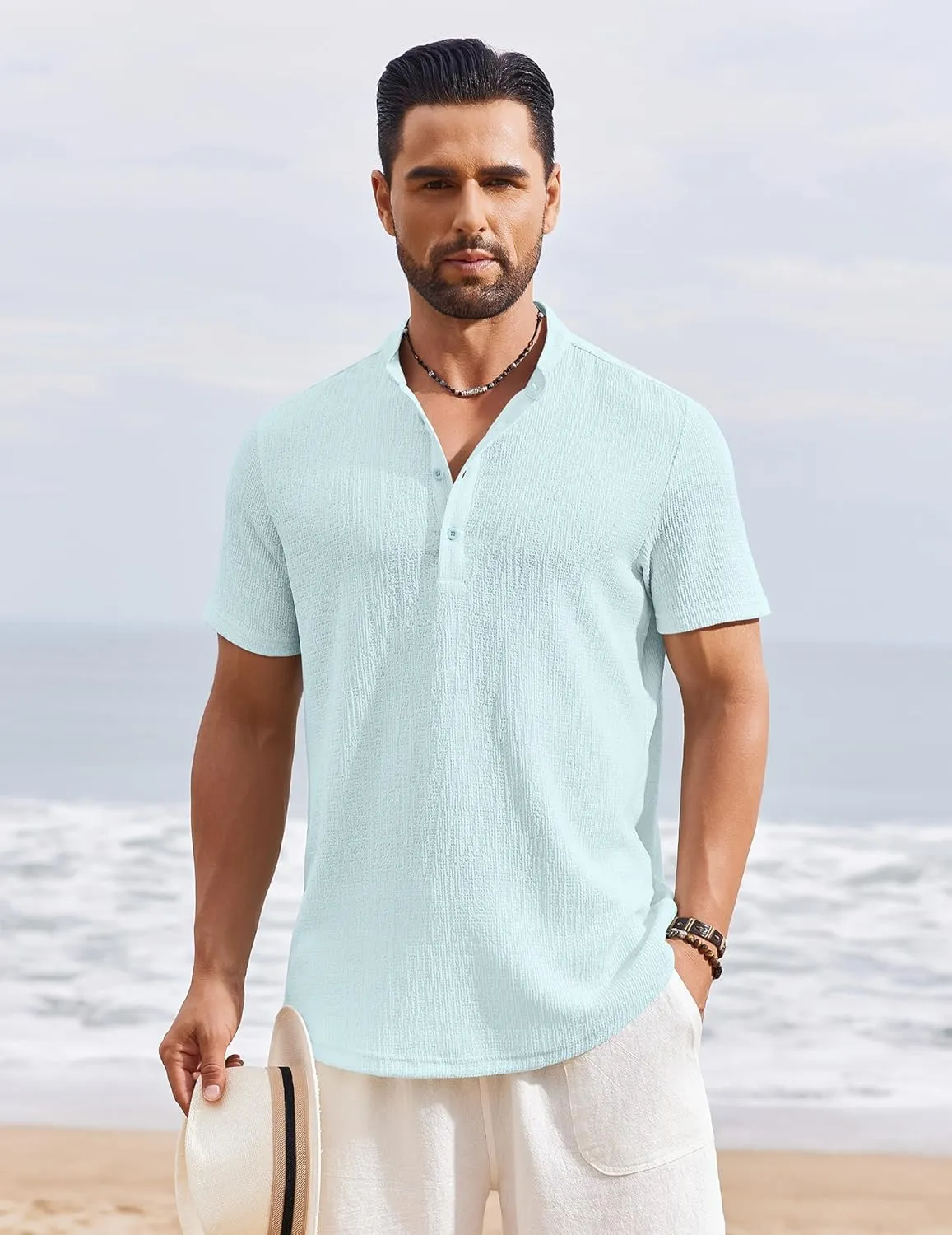 COOFANDY Men's Henley Shirt Short Sleeve Stand Collar Summer Casual Beach Hippie T-Shirts