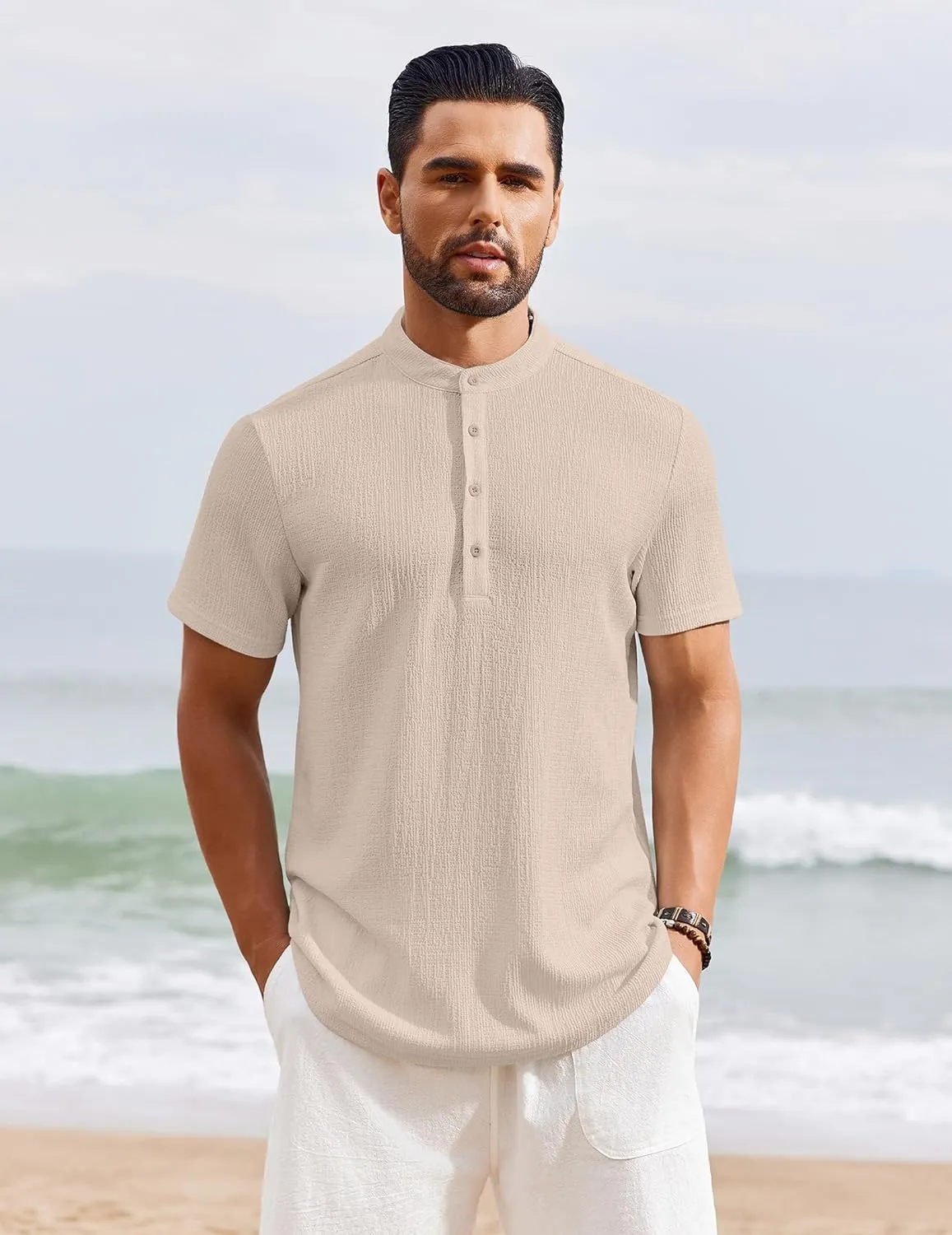 COOFANDY Men's Henley Shirt Short Sleeve Stand Collar Summer Casual Beach Hippie T-Shirts