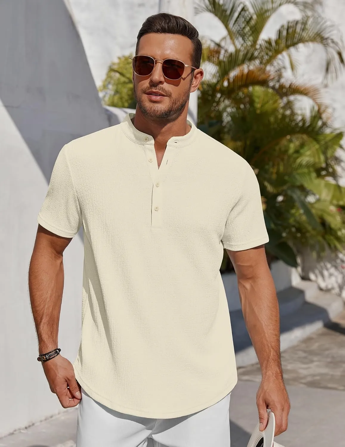 COOFANDY Men's Henley Shirt Short Sleeve Stand Collar Summer Casual Beach Hippie T-Shirts