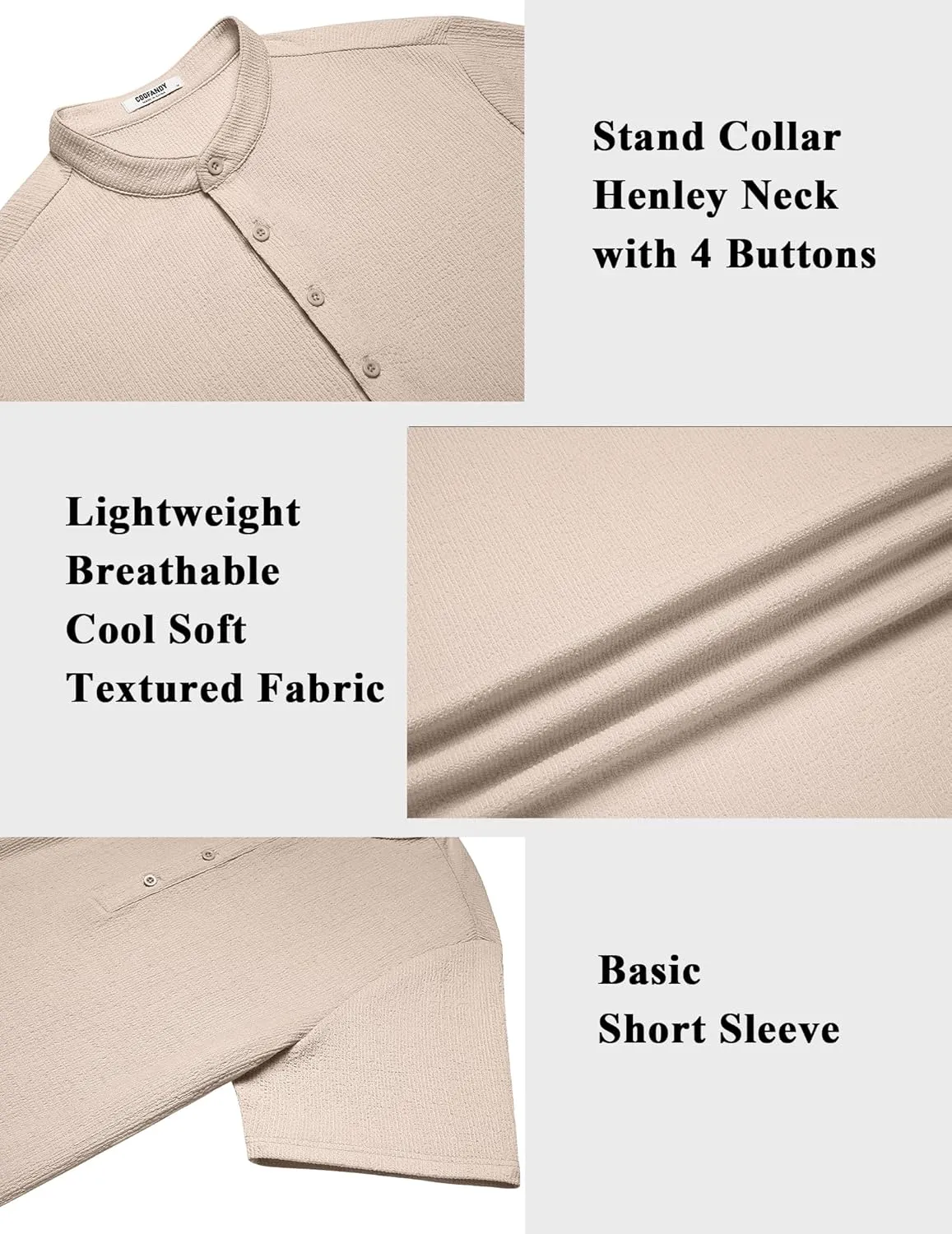 COOFANDY Men's Henley Shirt Short Sleeve Stand Collar Summer Casual Beach Hippie T-Shirts