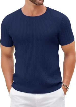 COOFANDY Men's Knit T Shirt Short Sleeve Crewneck Casual Vintage T-Shirts Summer Twist Knitted Pullover Tee