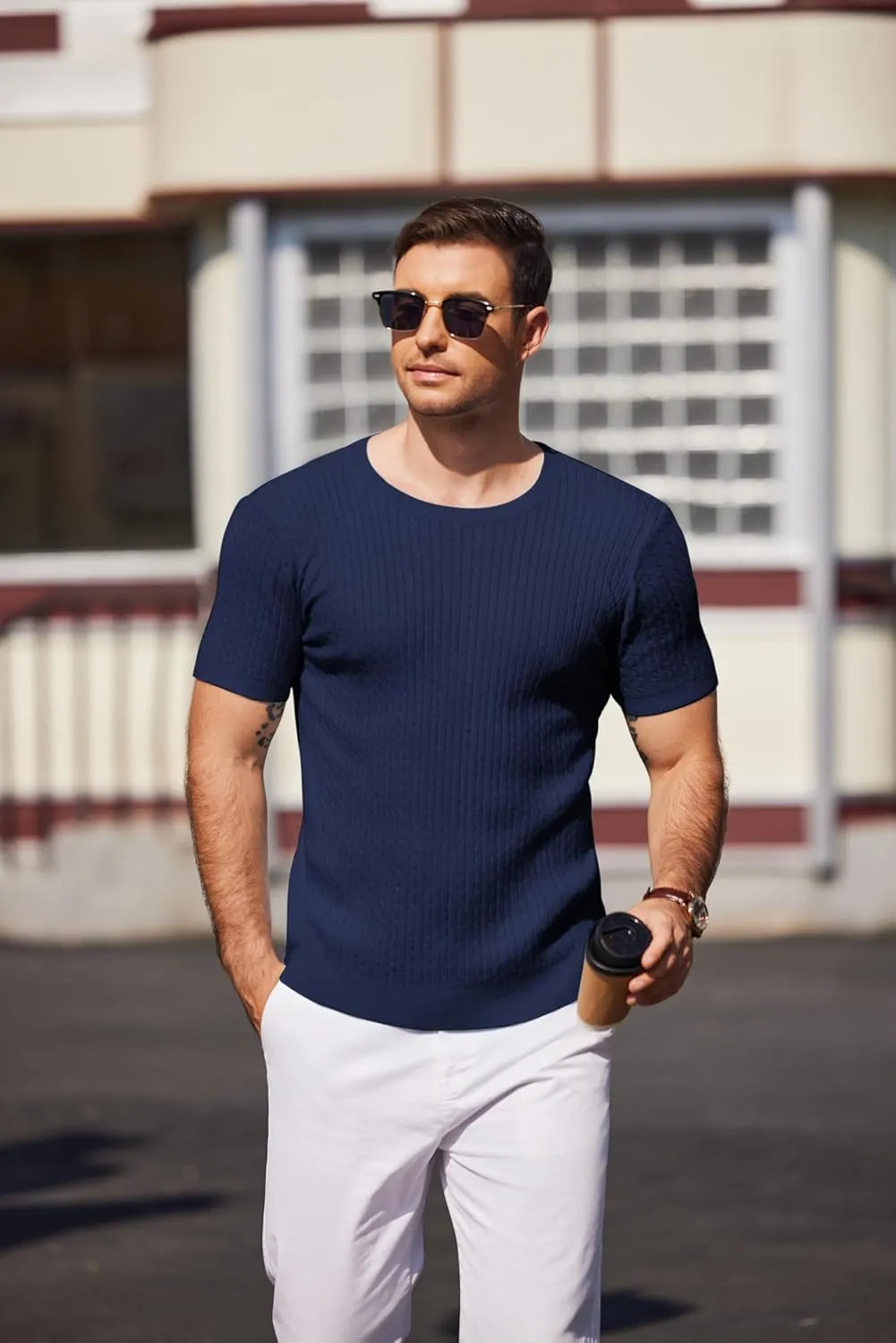 COOFANDY Men's Knit T Shirt Short Sleeve Crewneck Casual Vintage T-Shirts Summer Twist Knitted Pullover Tee