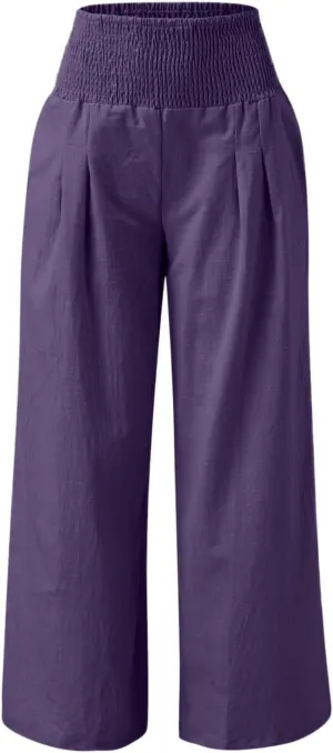 Cotton Linen Pants for Women Summer Casual Loose Wide Leg Palazzo Pants Smocked High Waist Flowy Beach Trousers