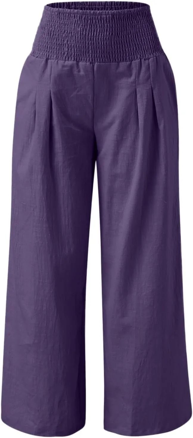 Cotton Linen Pants for Women Summer Casual Loose Wide Leg Palazzo Pants Smocked High Waist Flowy Beach Trousers