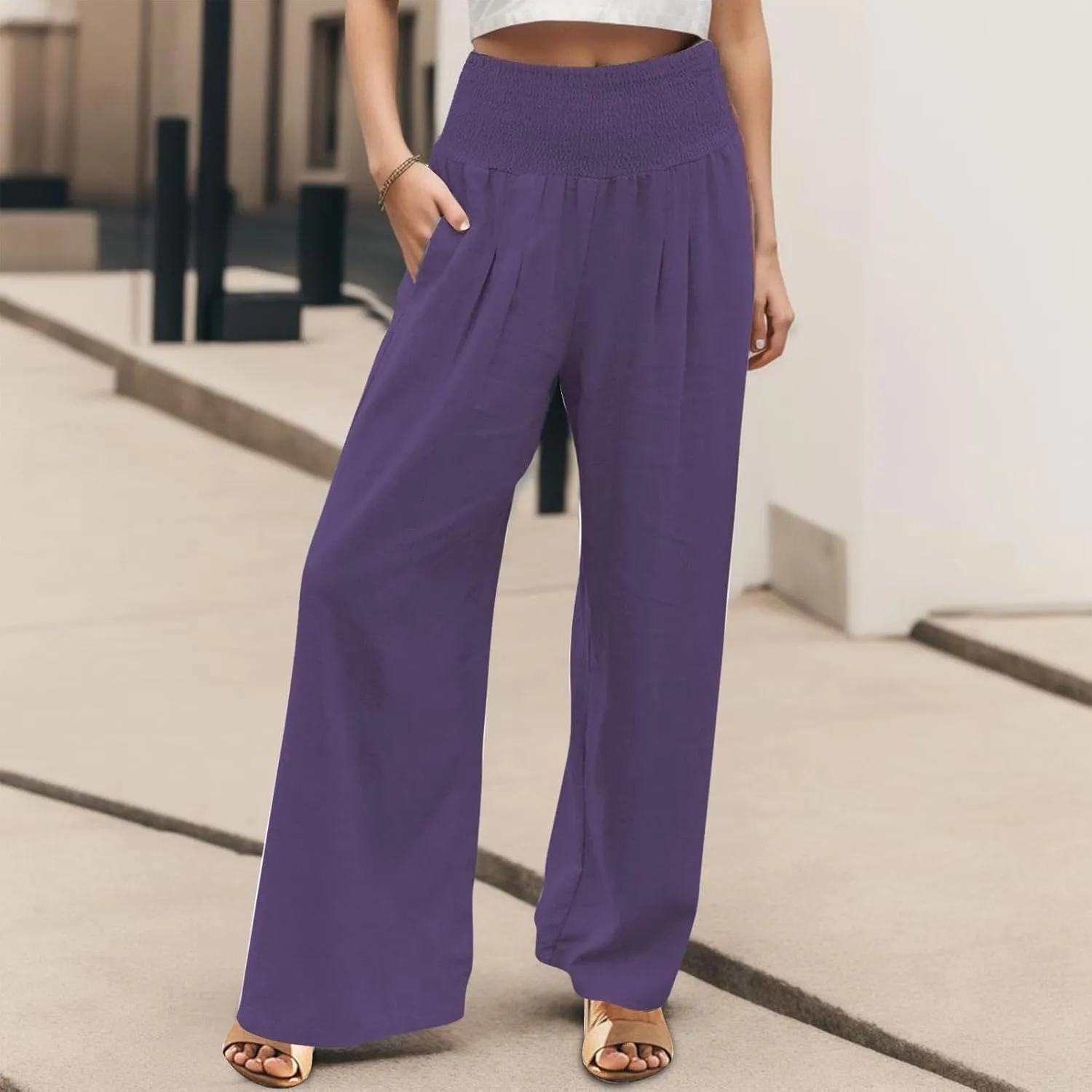 Cotton Linen Pants for Women Summer Casual Loose Wide Leg Palazzo Pants Smocked High Waist Flowy Beach Trousers