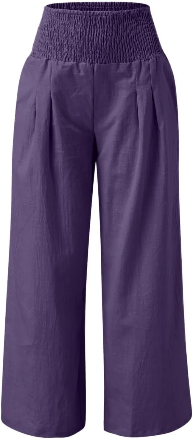 Cotton Linen Pants for Women Summer Casual Loose Wide Leg Palazzo Pants Smocked High Waist Flowy Beach Trousers