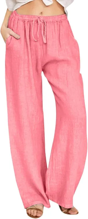 Cotton Linen Pants Women Straight Leg Casual Elastic High Waist Drawstring Work Trousers Loose Summer Palazzo Pants