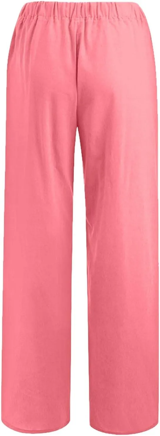 Cotton Linen Pants Women Straight Leg Casual Elastic High Waist Drawstring Work Trousers Loose Summer Palazzo Pants
