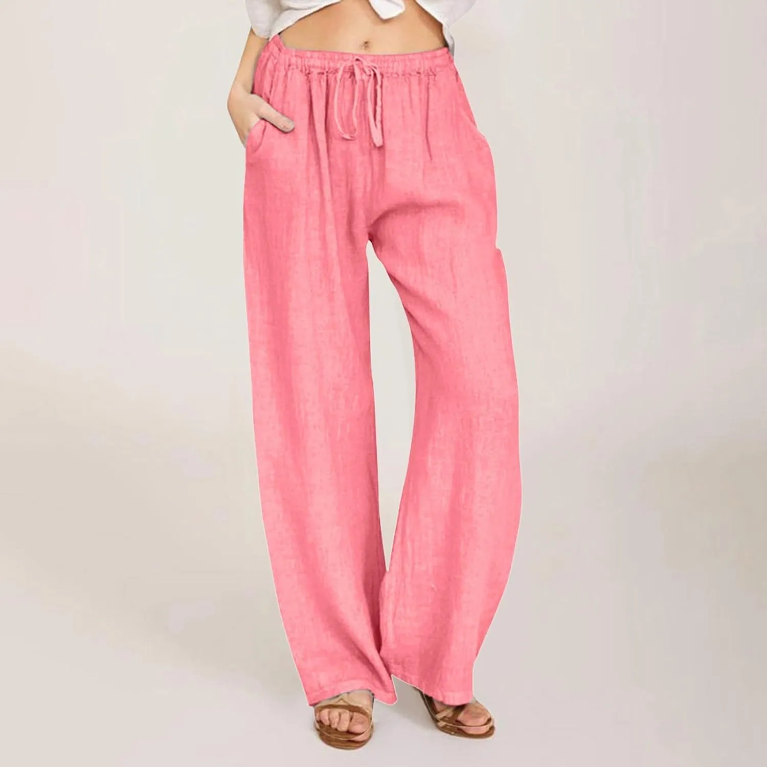 Cotton Linen Pants Women Straight Leg Casual Elastic High Waist Drawstring Work Trousers Loose Summer Palazzo Pants