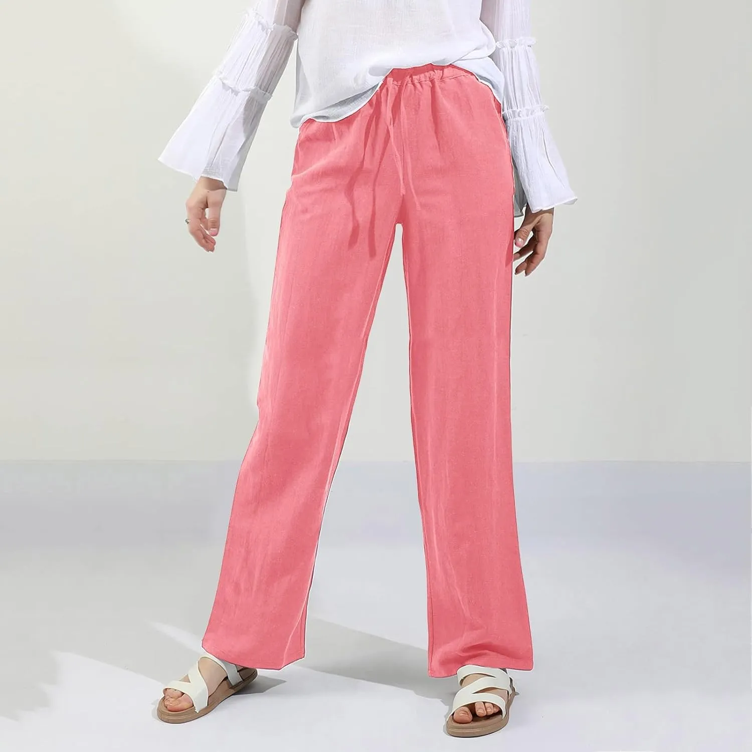 Cotton Linen Pants Women Straight Leg Casual Elastic High Waist Drawstring Work Trousers Loose Summer Palazzo Pants