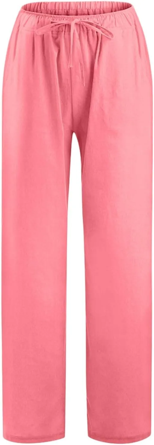 Cotton Linen Pants Women Straight Leg Casual Elastic High Waist Drawstring Work Trousers Loose Summer Palazzo Pants