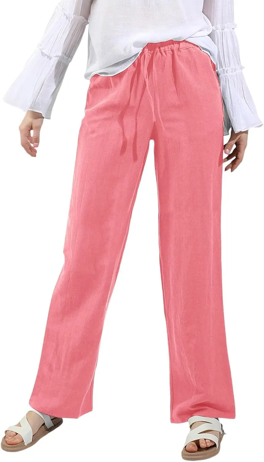 Cotton Linen Pants Women Straight Leg Casual Elastic High Waist Drawstring Work Trousers Loose Summer Palazzo Pants