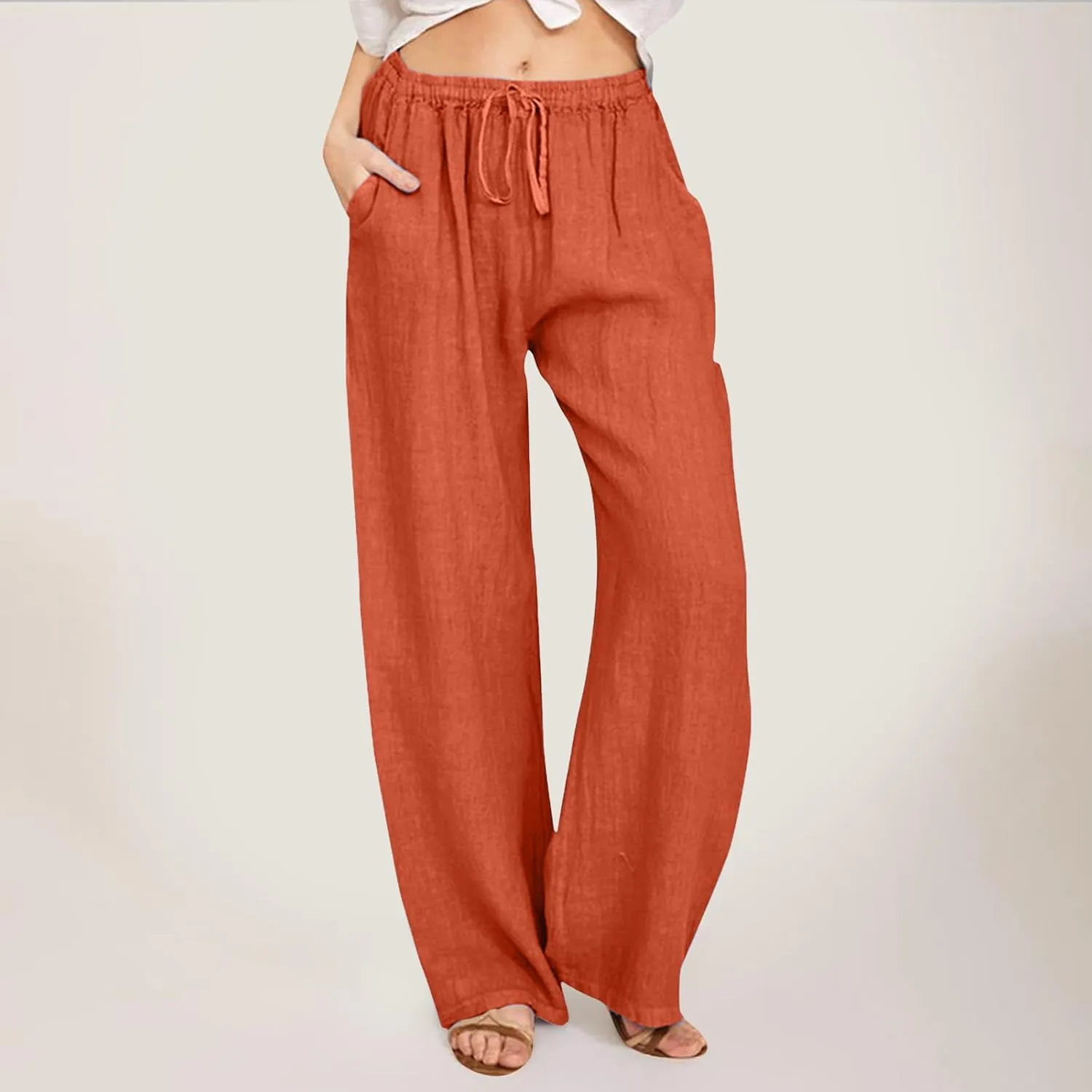 Cotton Linen Pants Women Summer Casual Boho Straight Leg Solid Color High Waisted Linen Pants Plus Size Trousers with Pockets