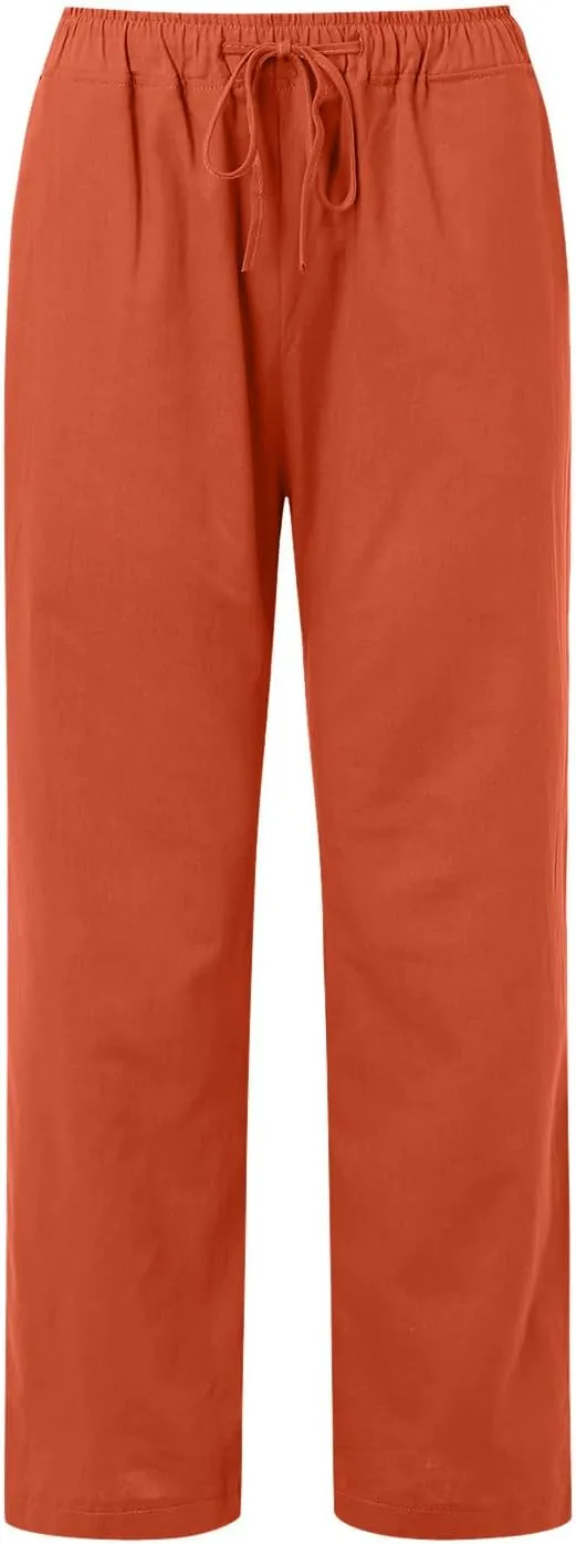 Cotton Linen Pants Women Summer Casual Boho Straight Leg Solid Color High Waisted Linen Pants Plus Size Trousers with Pockets