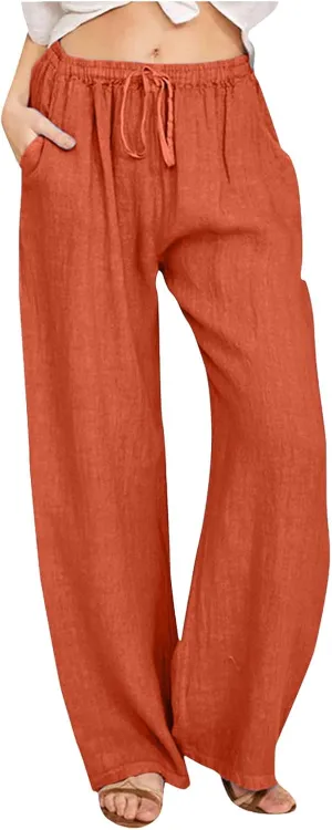 Cotton Linen Pants Women Summer Casual Boho Straight Leg Solid Color High Waisted Linen Pants Plus Size Trousers with Pockets