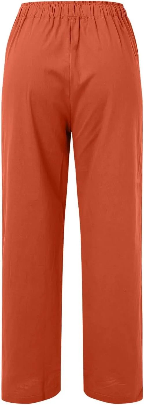 Cotton Linen Pants Women Summer Casual Boho Straight Leg Solid Color High Waisted Linen Pants Plus Size Trousers with Pockets