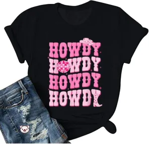 Cowgirl Shirt for Women Howdy Letter Print T Shirts Vintage Western Cowboy Hat Graphic Tee
