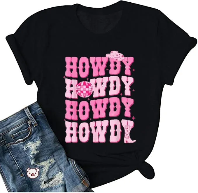 Cowgirl Shirt for Women Howdy Letter Print T Shirts Vintage Western Cowboy Hat Graphic Tee