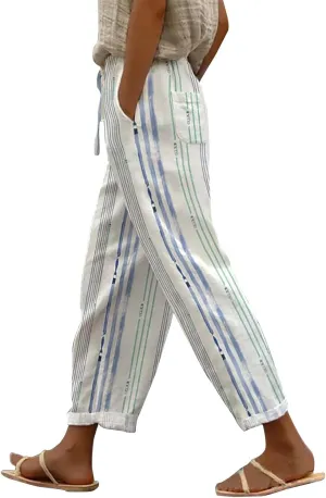Cropped Linen Pants Women Summer Elastic Waist Straight Leg Capris Plus Size Casual Beach Cropped Pants with Pockets