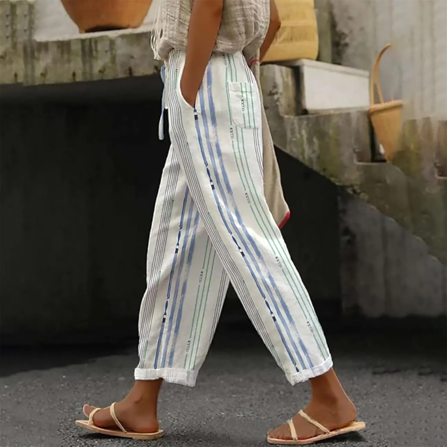 Cropped Linen Pants Women Summer Elastic Waist Straight Leg Capris Plus Size Casual Beach Cropped Pants with Pockets