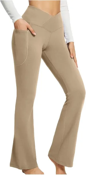 Cross Waist Yoga Pants with Pockets for Women V Crossover High Waisted Flare Leggings Bootcut Trousers Workout Pants