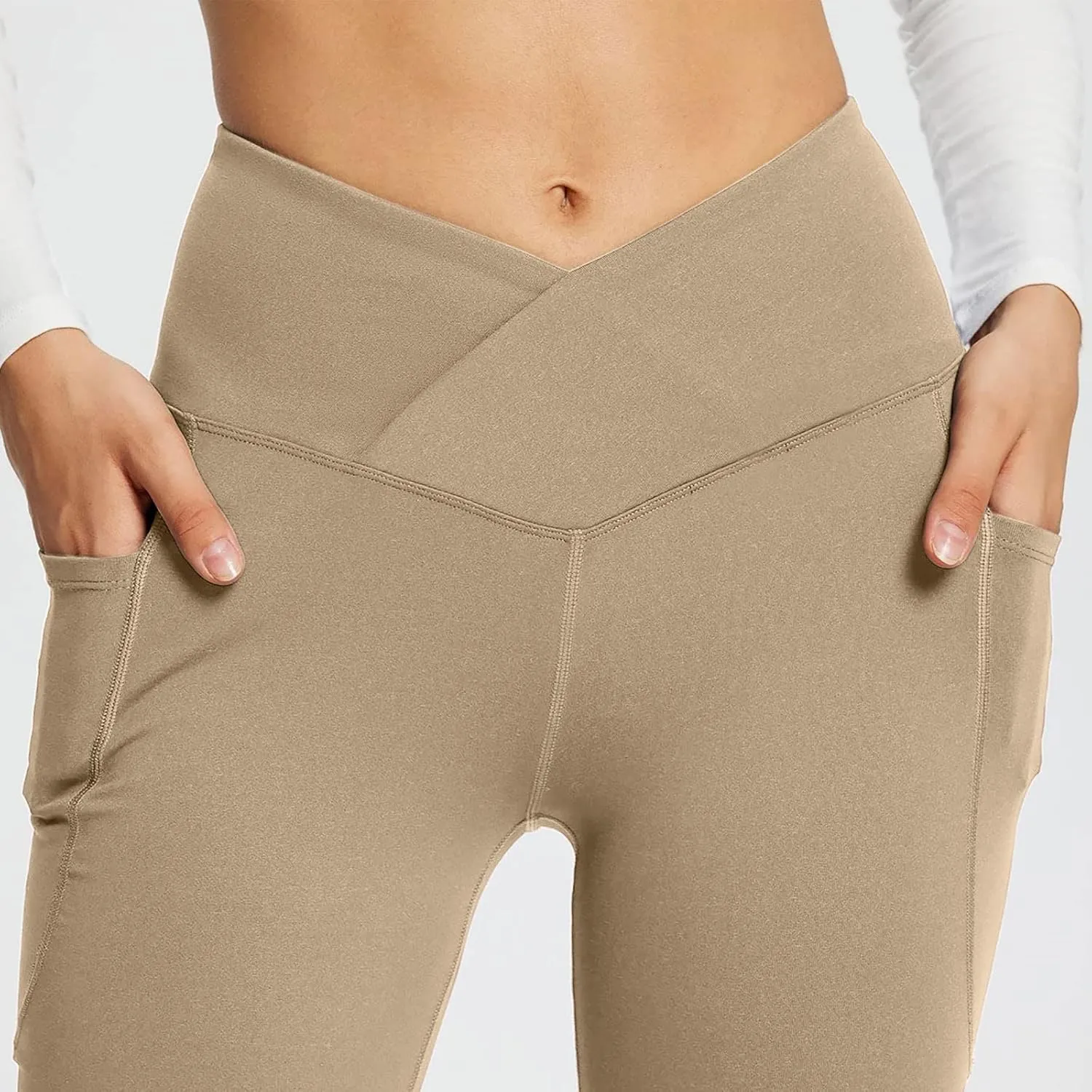 Cross Waist Yoga Pants with Pockets for Women V Crossover High Waisted Flare Leggings Bootcut Trousers Workout Pants