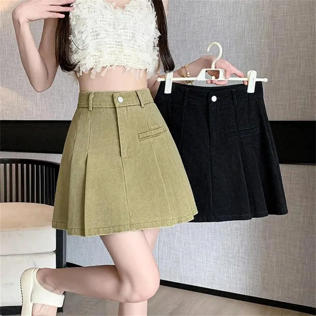 Denim Mini Skirt for Women High-Waisted A- Line Bunched Butt Water Washed Half Dress