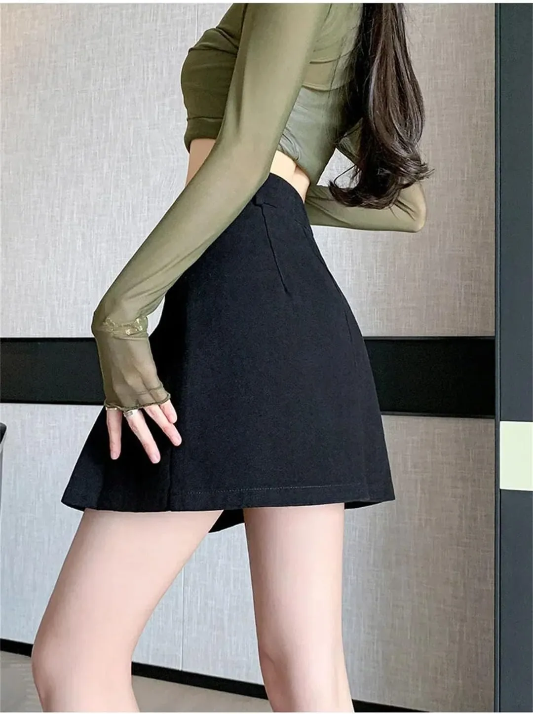 Denim Mini Skirt for Women High-Waisted A- Line Bunched Butt Water Washed Half Dress