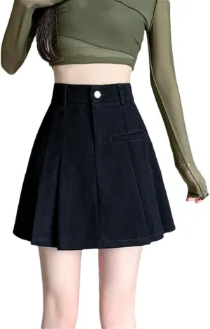 Denim Mini Skirt for Women High-Waisted A- Line Bunched Butt Water Washed Half Dress