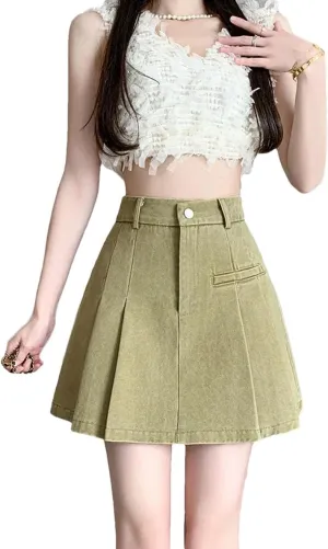 Denim Mini Skirt for Women High-Waisted A- Line Bunched Butt Water Washed Half Dress