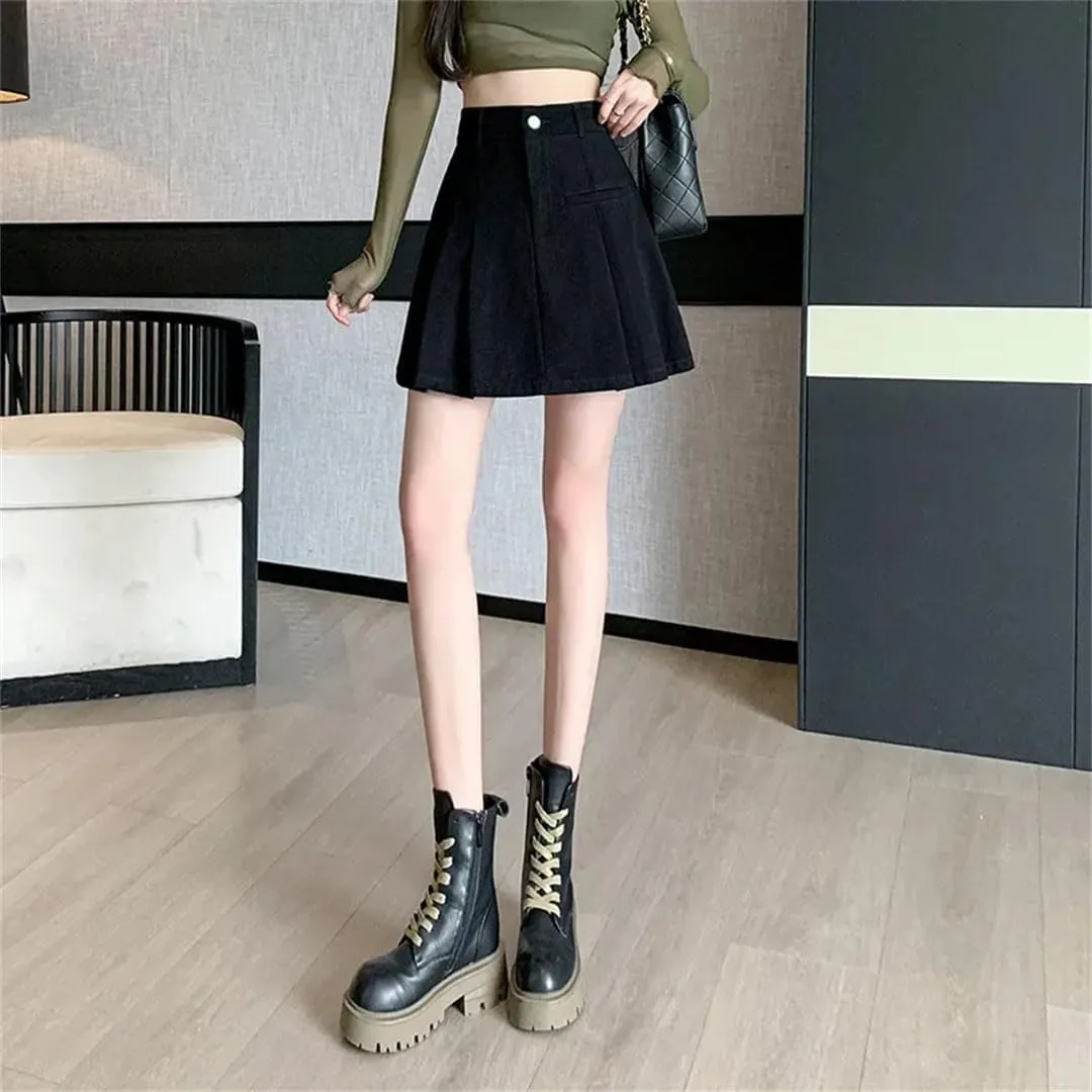 Denim Mini Skirt for Women High-Waisted A- Line Bunched Butt Water Washed Half Dress