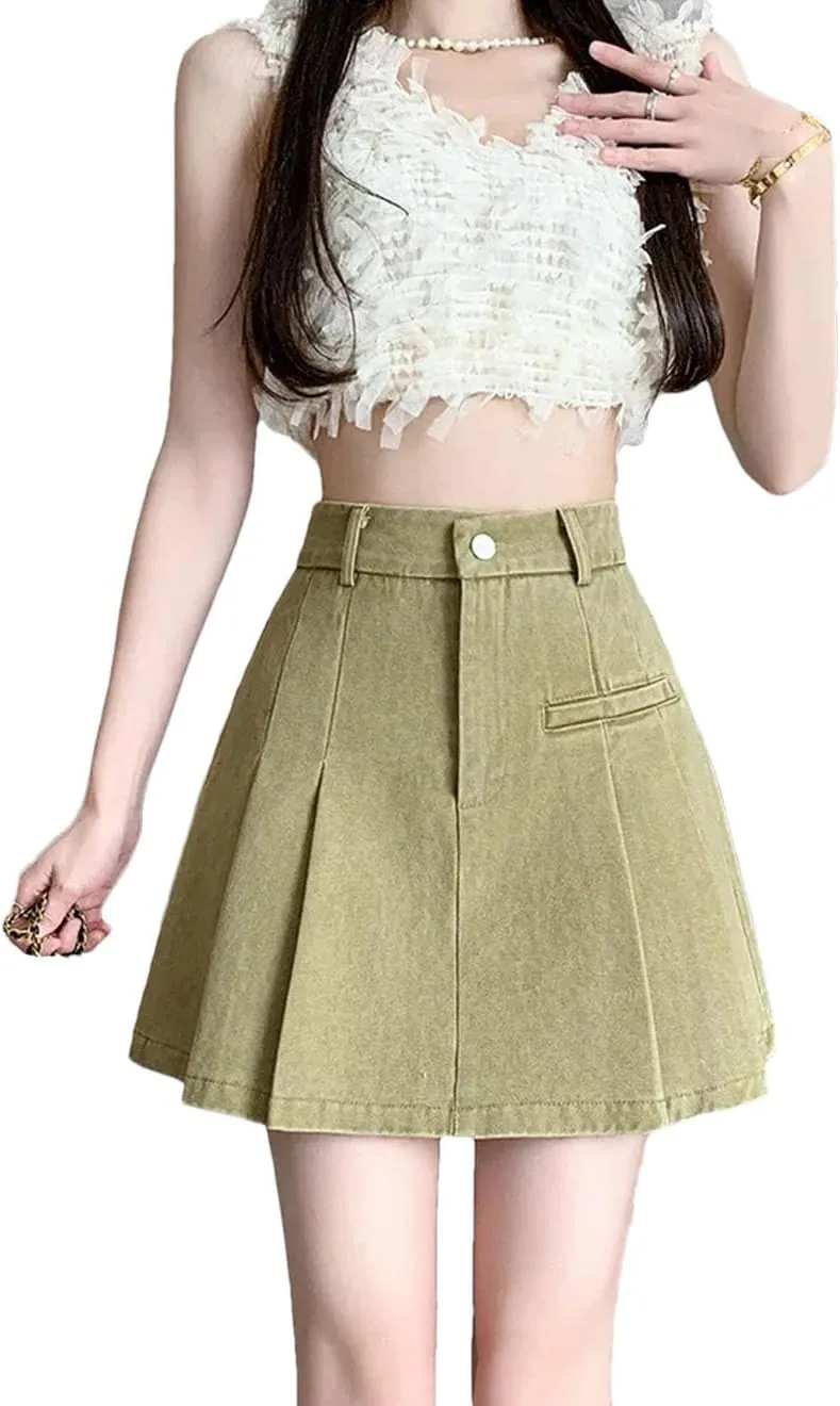 Denim Mini Skirt for Women High-Waisted A- Line Bunched Butt Water Washed Half Dress