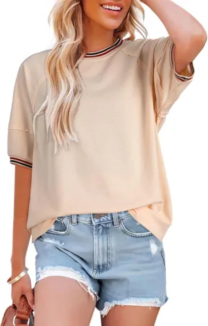 Dokotoo T Shirts for Women Striped Color Block Loose Fit Round Neck Womens Tops Fashion 2025 Oversized Tshirts for Women