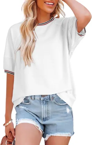 Dokotoo T Shirts for Women Striped Color Block Loose Fit Round Neck Womens Tops Fashion 2025 Oversized Tshirts for Women