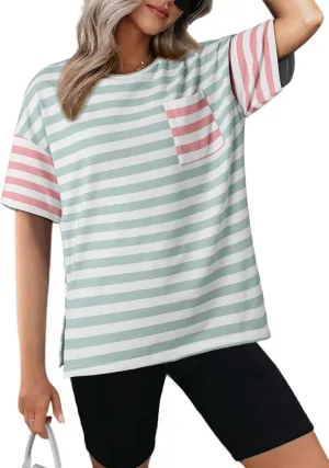 Dokotoo T Shirts for Women Striped Color Block Loose Fit Round Neck Womens Tops Tshirts Shirts Oversized Tshirts for Women