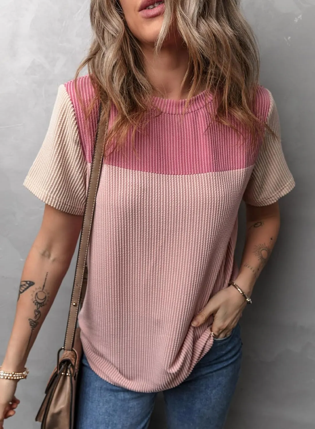 Dokotoo Womens Color Block Fashion Short Sleeve Crewneck Knitted Spring Summer Casual Loose T Shirts Tops