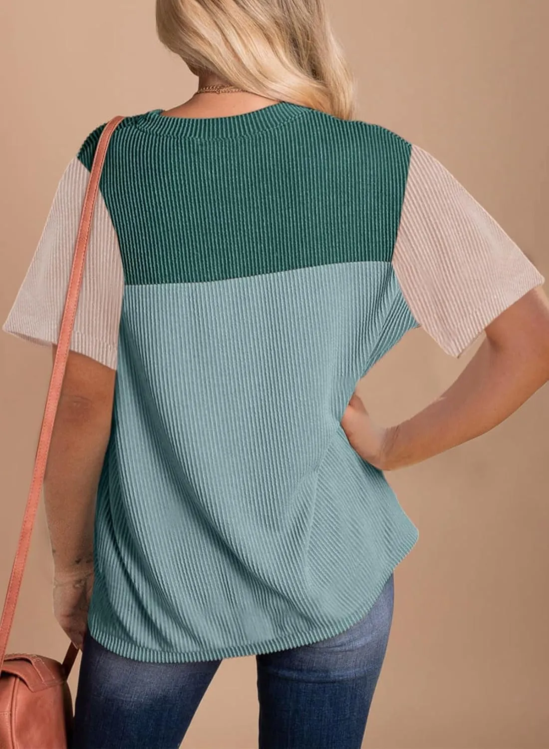 Dokotoo Womens Color Block Fashion Short Sleeve Crewneck Knitted Spring Summer Casual Loose T Shirts Tops