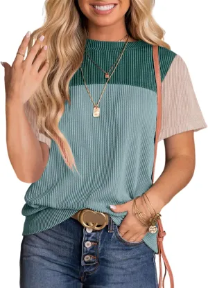 Dokotoo Womens Color Block Fashion Short Sleeve Crewneck Knitted Spring Summer Casual Loose T Shirts Tops