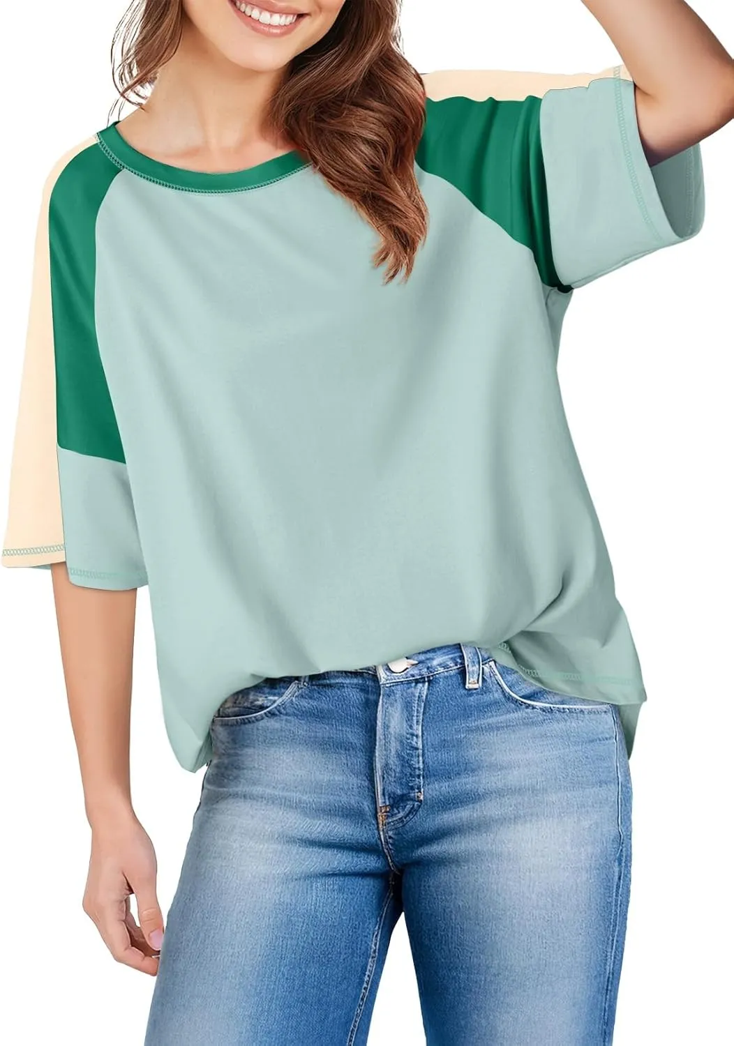 Dokotoo Womens Tops Color Block Crewneck Short Sleeve T Shirts Casual Oversized Summer Outfits