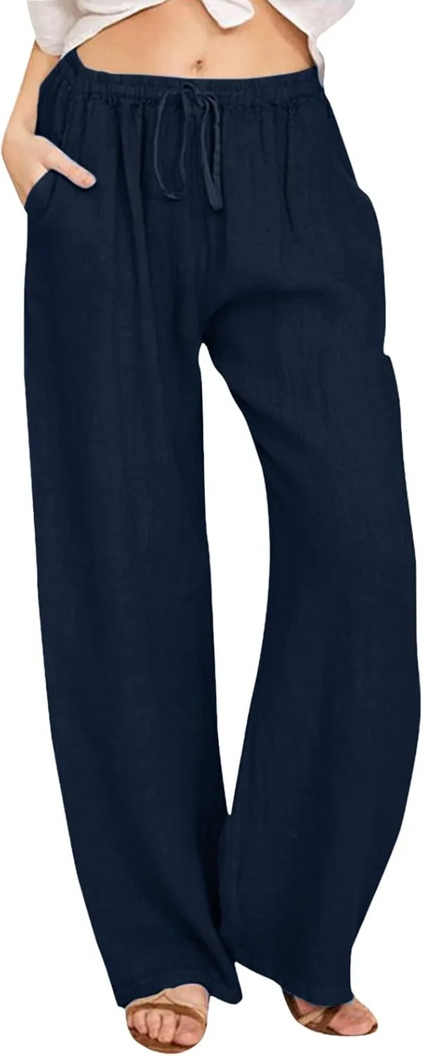 Drawstring Pants Women High Waisted Cotton Linen Wide Leg Summer Trouser Casual Loose Fit Palazzo Pull On Sweatpant