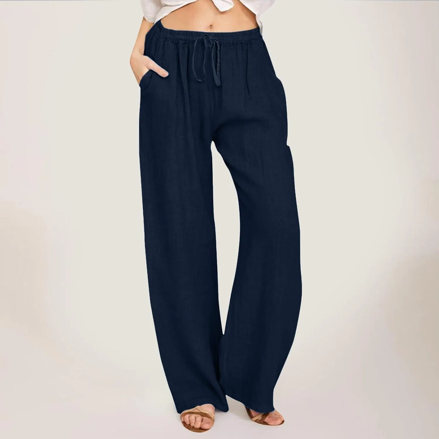Drawstring Pants Women High Waisted Cotton Linen Wide Leg Summer Trouser Casual Loose Fit Palazzo Pull On Sweatpant