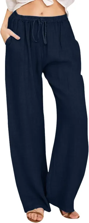 Drawstring Pants Women High Waisted Cotton Linen Wide Leg Summer Trouser Casual Loose Fit Palazzo Pull On Sweatpant