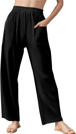 Dressy Palazzo Pants for Women Flowy Linen Pants Elastic High Waist Summer Work Pant Trouser Lounge Pant with Pocket