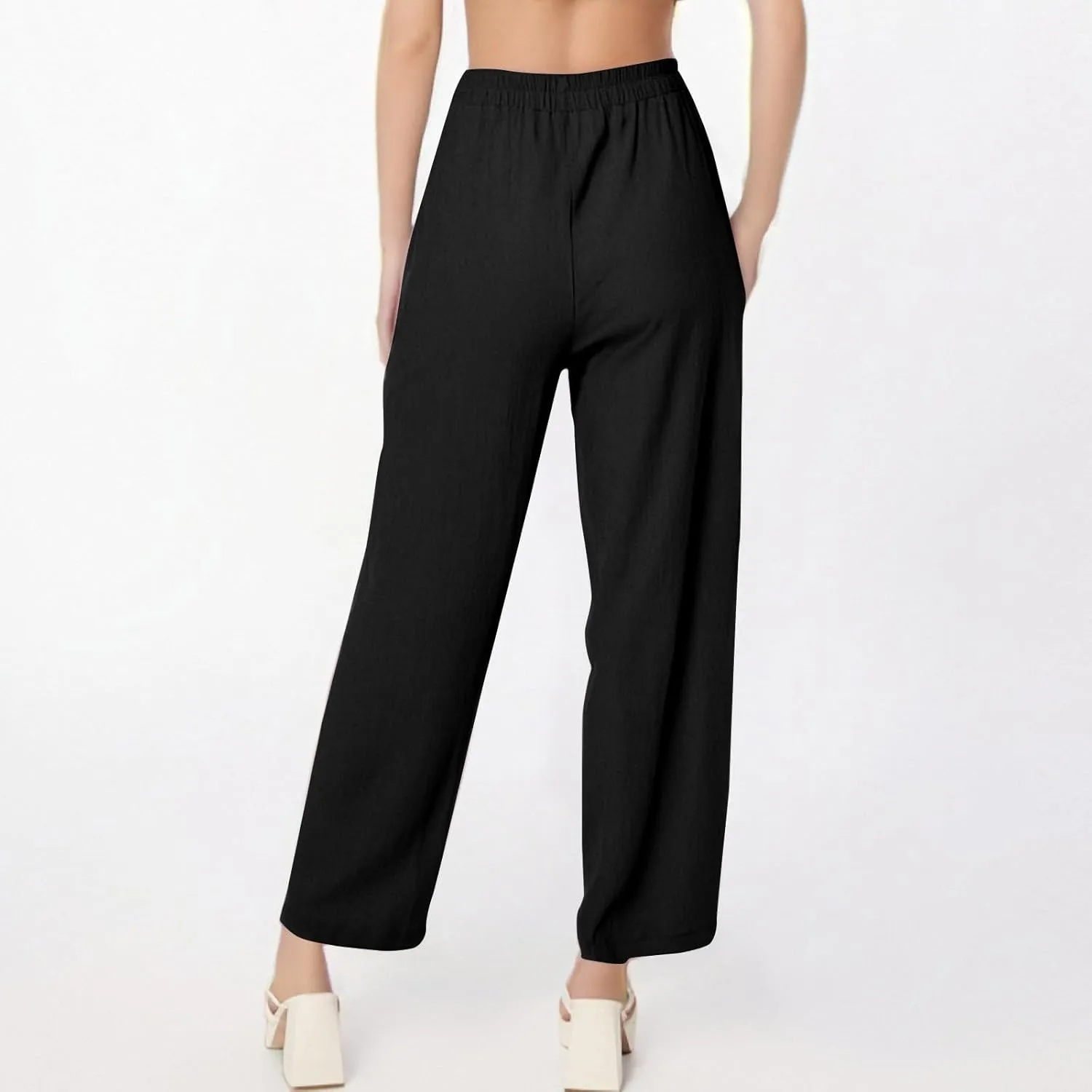 Dressy Palazzo Pants for Women Flowy Linen Pants Elastic High Waist Summer Work Pant Trouser Lounge Pant with Pocket